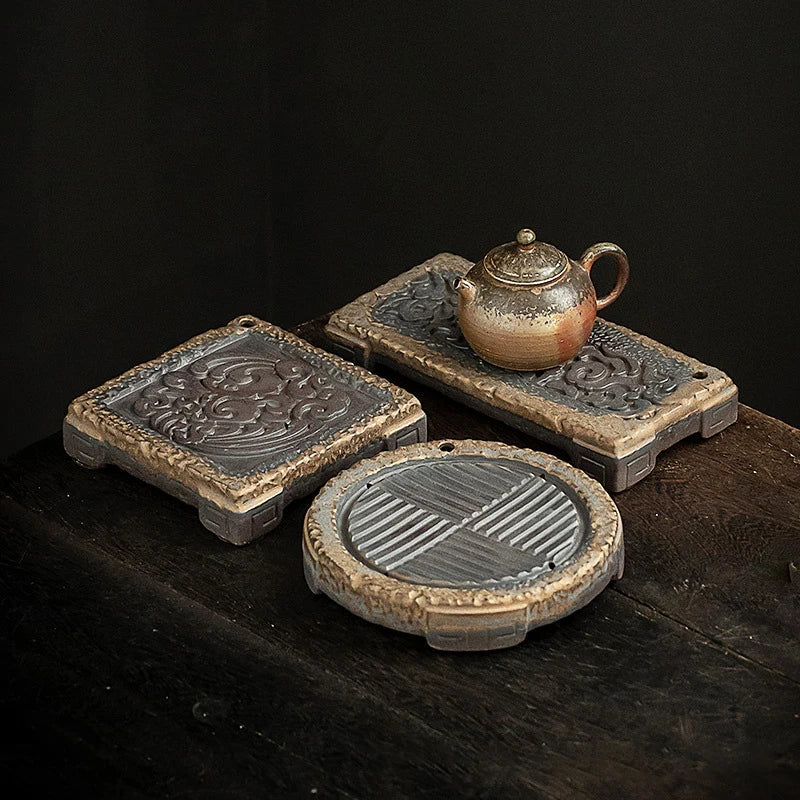 Elegante Bandeja de Té Retro Japonesa de Cerámica Dorada | Sofisticado Accesorio para Té