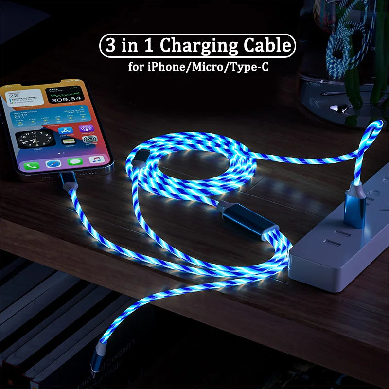 3 in 1 Glowing LED Cable | Fast Micro USB & Type-C Charging