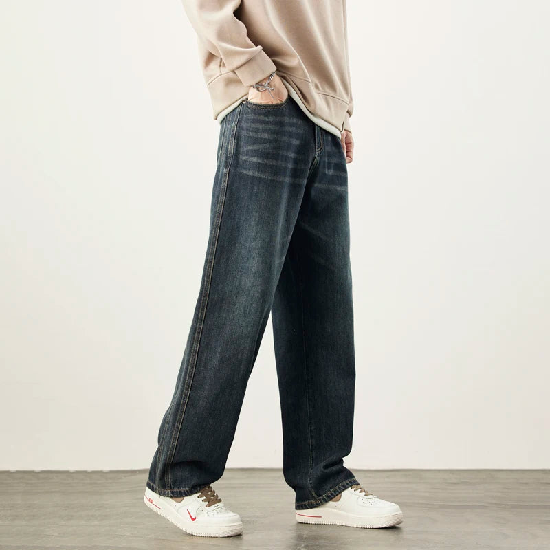 Wide-Leg Warm Fleece Jeans — Winter Thick Loose Straight Denim Pants for Men, Vintage Casual Velvet-Lined Korean Style Trousers