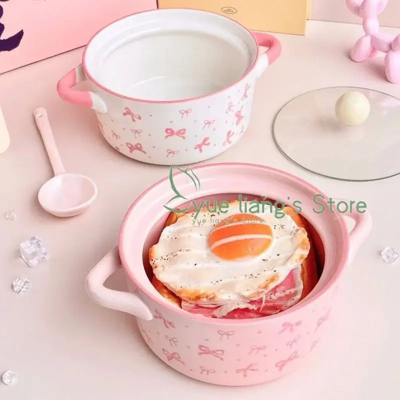 Bol de cerámica con tapa para fideos, diseño de lazo rosa | Adorable tazón para sopa