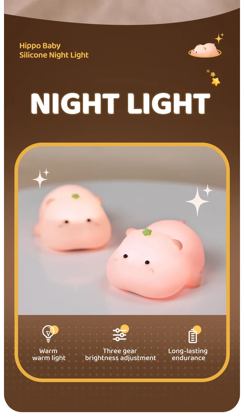 Cute Pink Hippo Night Light | Portable Silicone Kids Lamp