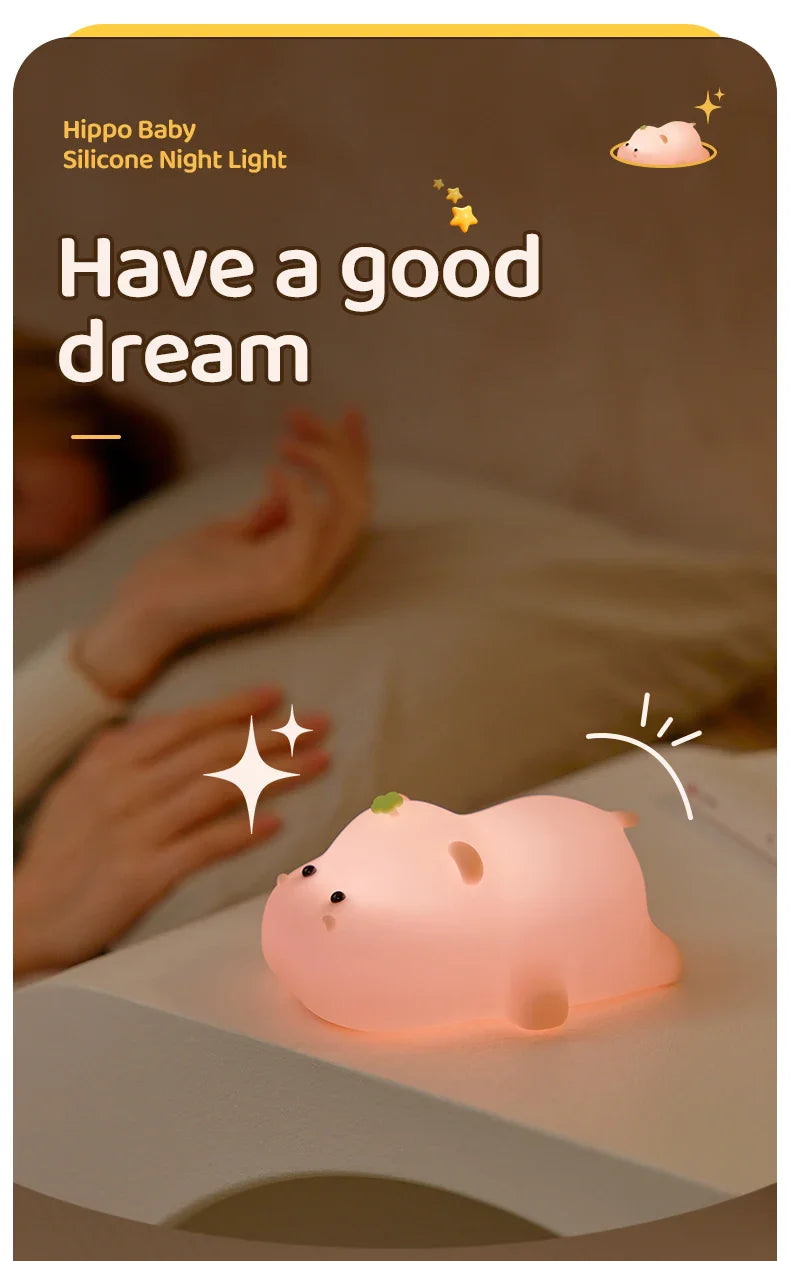 Cute Pink Hippo Night Light | Portable Silicone Kids Lamp