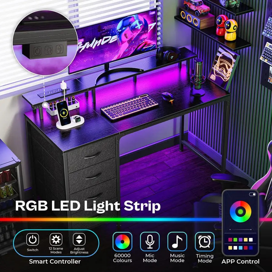 47 Inch Computer Desk with LED Lights & Power Outlets | Gaming & Office Use
