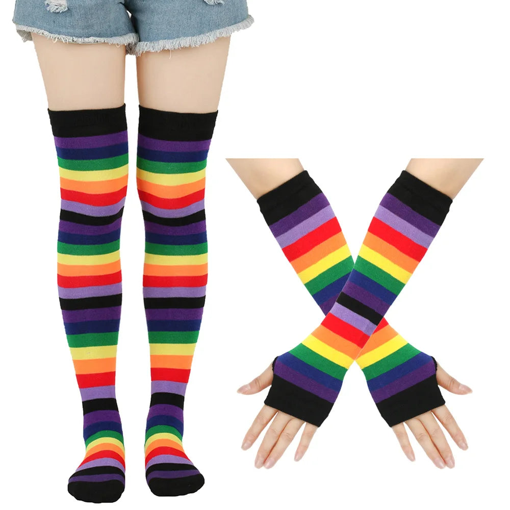 Women’s Rainbow Stripes Over Knee Socks & Elbow Gloves Set