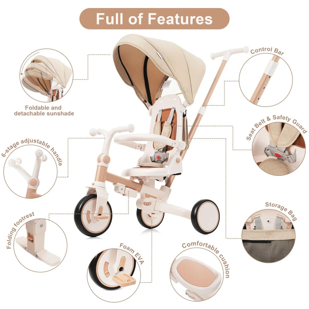 Portable 7-in-1 Toddler Tricycle | Adjustable Handle & Safety Guardrail