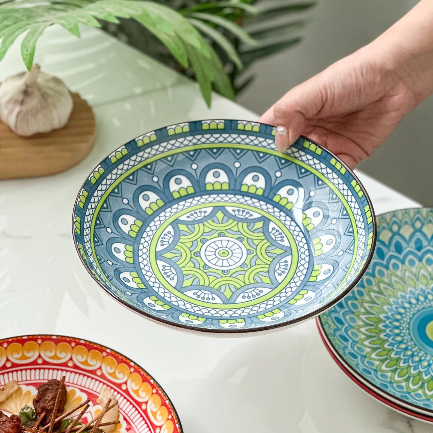 4-Piece Bohemian Ceramic Plate Set | Dishwasher & Microwave Safe
