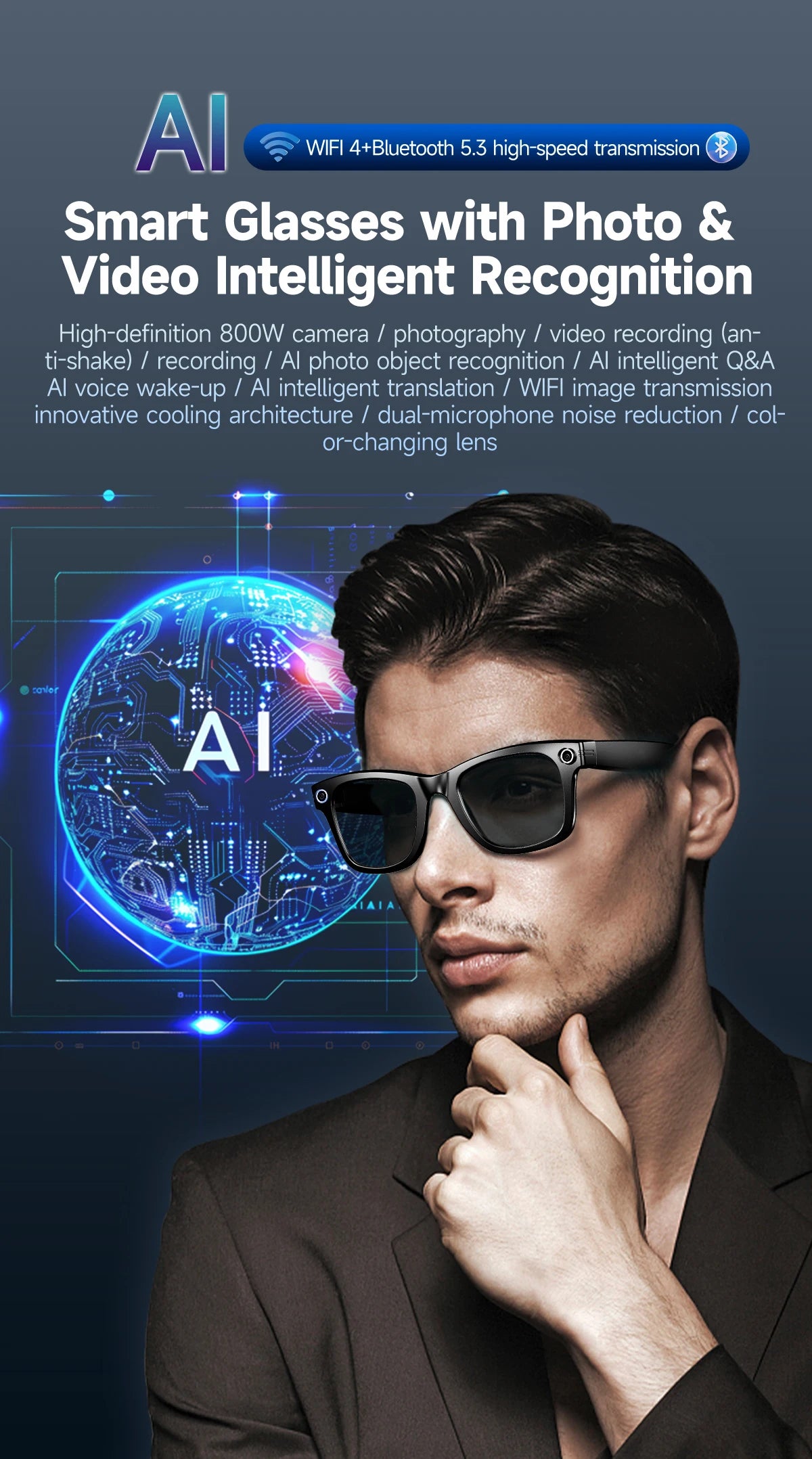 Smart Glasses with AI Camera, Bluetooth & Voice Translation