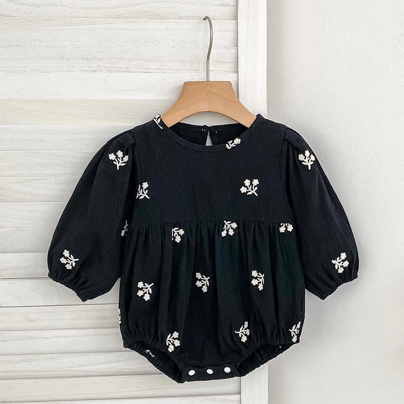 Baby Girls Embroidered Bow Romper | Cozy Autumn Jumpsuit
