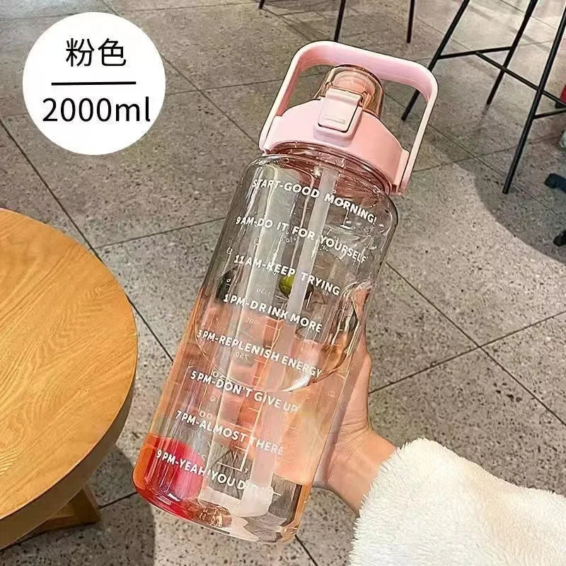 2L Large Capacity Sports Water Bottle with Straw & Time Marker