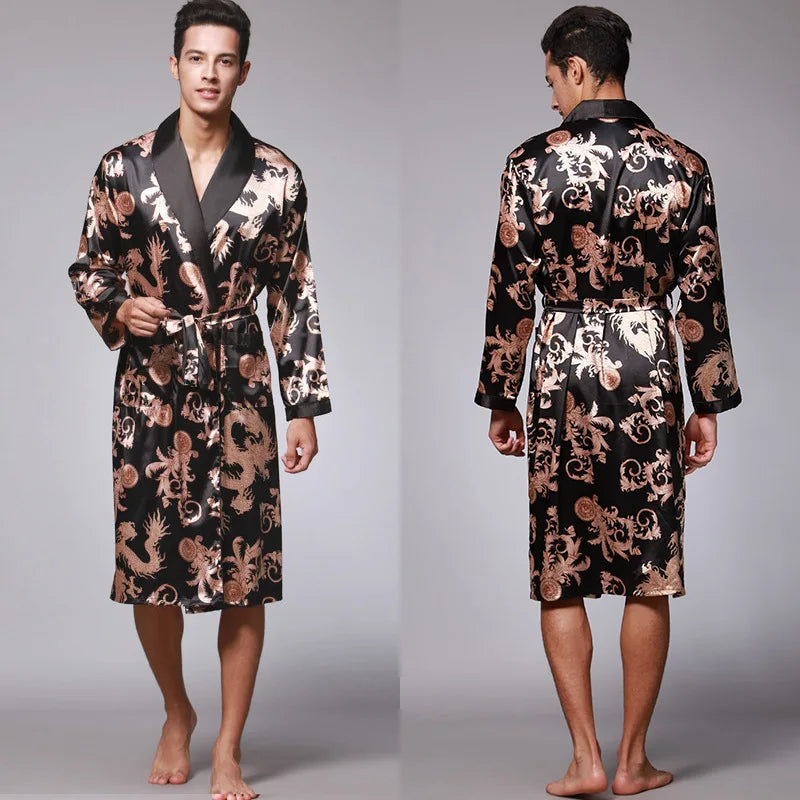 Traditional Japanese KIMONO Fashion YUKATA Oriental Gold Dragons Pattern Bathrobe Summer Men Ice Silk Robes Pajamas  Sleepwear