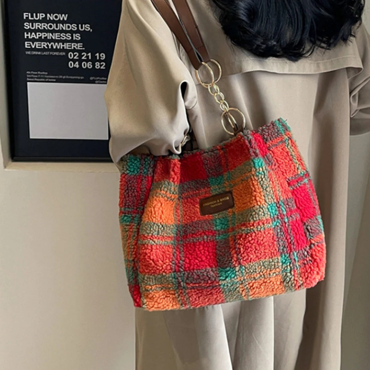Stylish Red Plaid Plush Tote Bag | Versatile Fashion Shoulder Bag