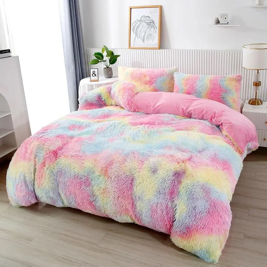 Pink Faux Fur Rainbow Tie-Dye Comforter Set | Cozy Bedding for Girls