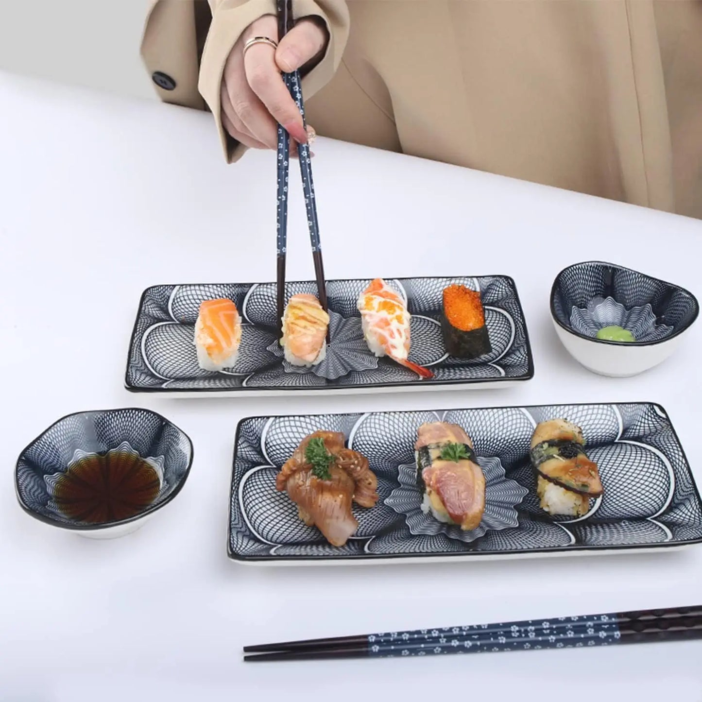 Japanese Style Ceramic Sushi Plate Dinnerware Set - 10 Pcs