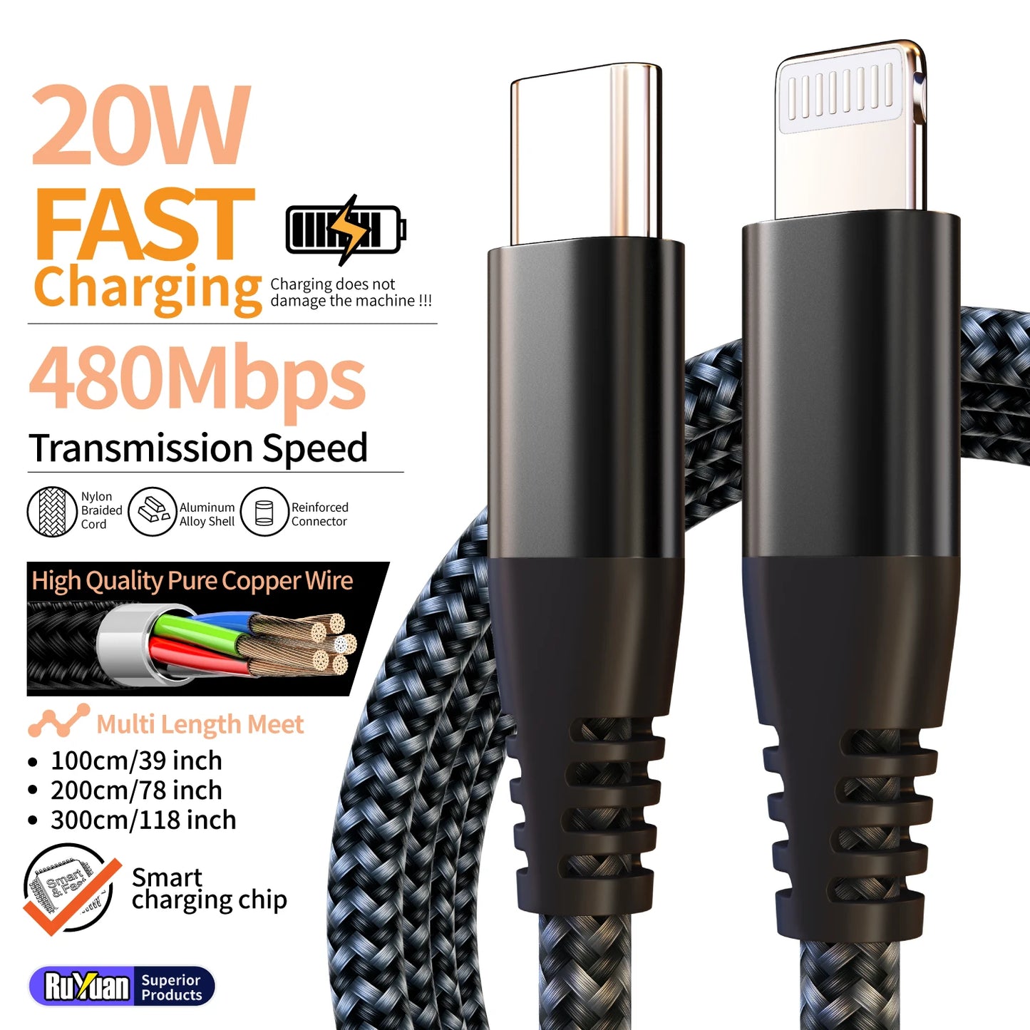 MFI Certified Fast Charging USB-C to Lightning Cable | 20W Nylon Braided