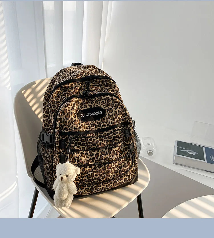 Vintage Leopard Print Backpack, Large Capacity School Bookbag with Side Mesh Pouch, for Students Travel Outdoor Streetwear
