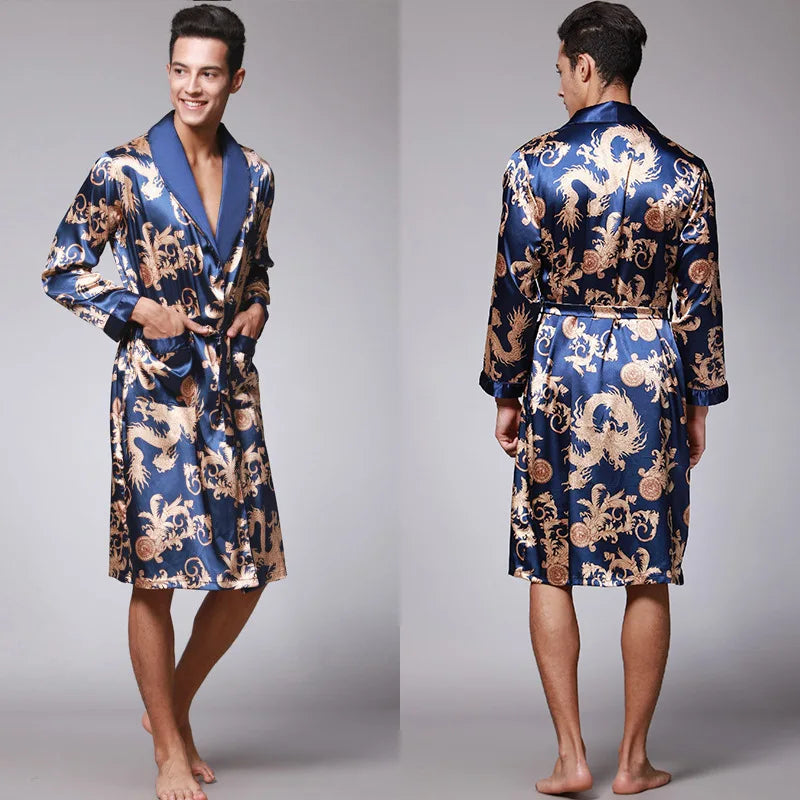 Traditional Japanese KIMONO Fashion YUKATA Oriental Gold Dragons Pattern Bathrobe Summer Men Ice Silk Robes Pajamas  Sleepwear