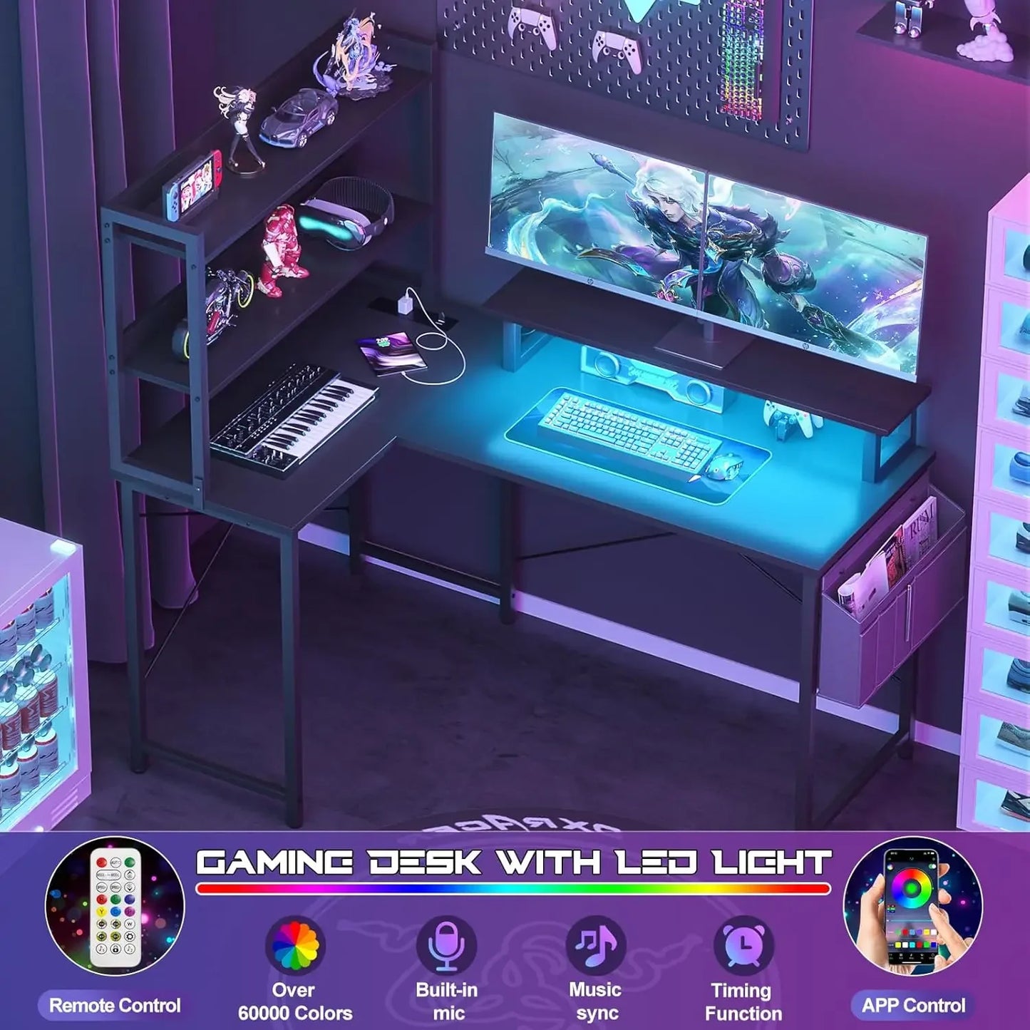 L Shaped Computer Desk with Bookshelf & LED Light | Modern Home Office