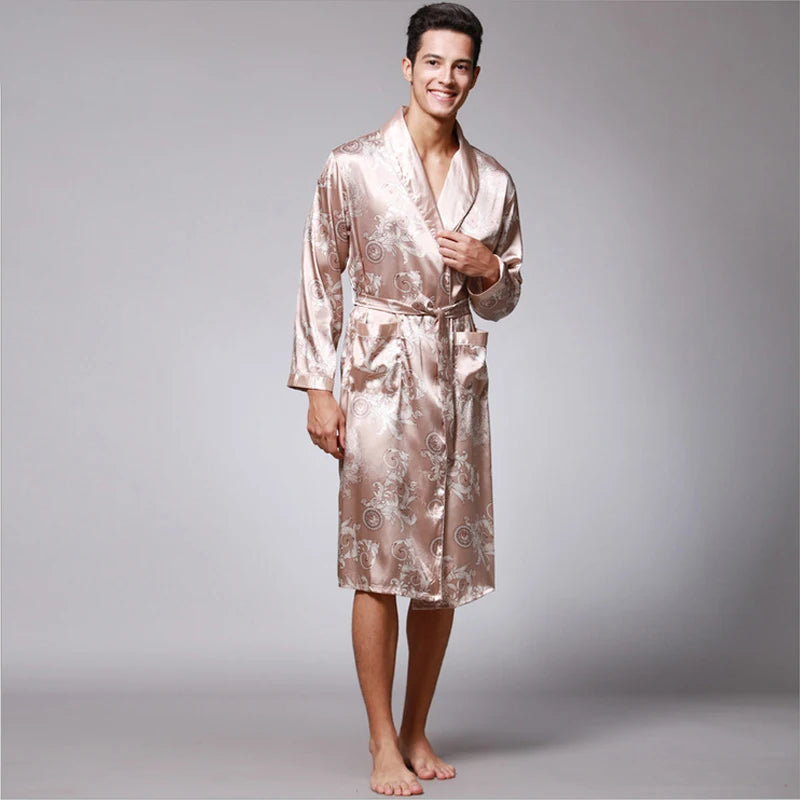 Traditional Japanese KIMONO Fashion YUKATA Oriental Gold Dragons Pattern Bathrobe Summer Men Ice Silk Robes Pajamas  Sleepwear