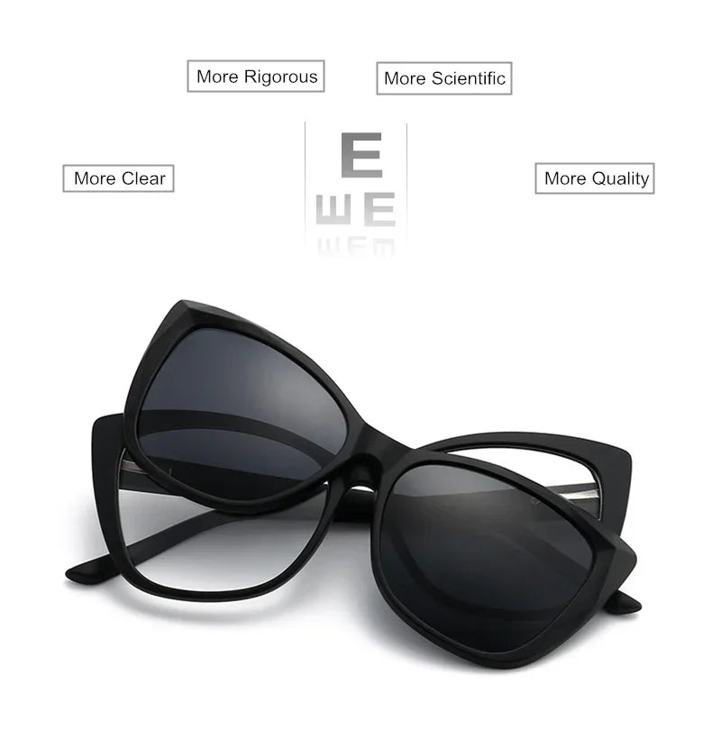 Stylish Cat Eye Prescription Glasses with Clip-On Sunglasses