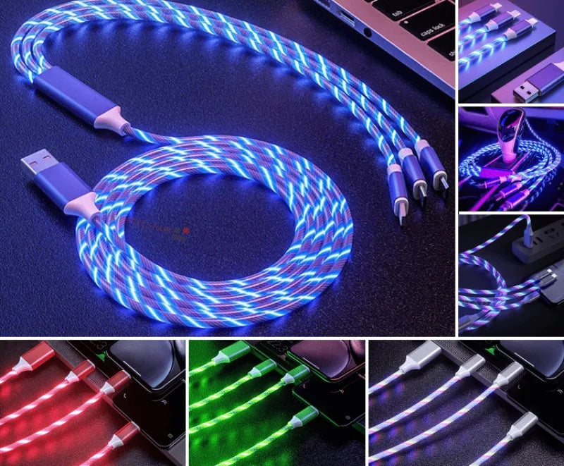 Light Emitting Cable, Mobile Phone Charging Cable, Fast Charging Data Cable, Light Emitting, Suitable for iPhone Micro USB Type C Charger Cable, Three in One LED Fast Charging Cable