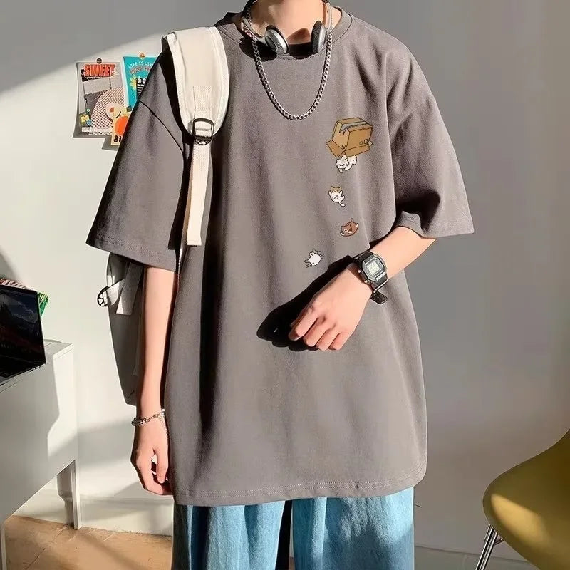 Men's Oversized Vintage Kitten Print Tee | Fashionable Casual Wear