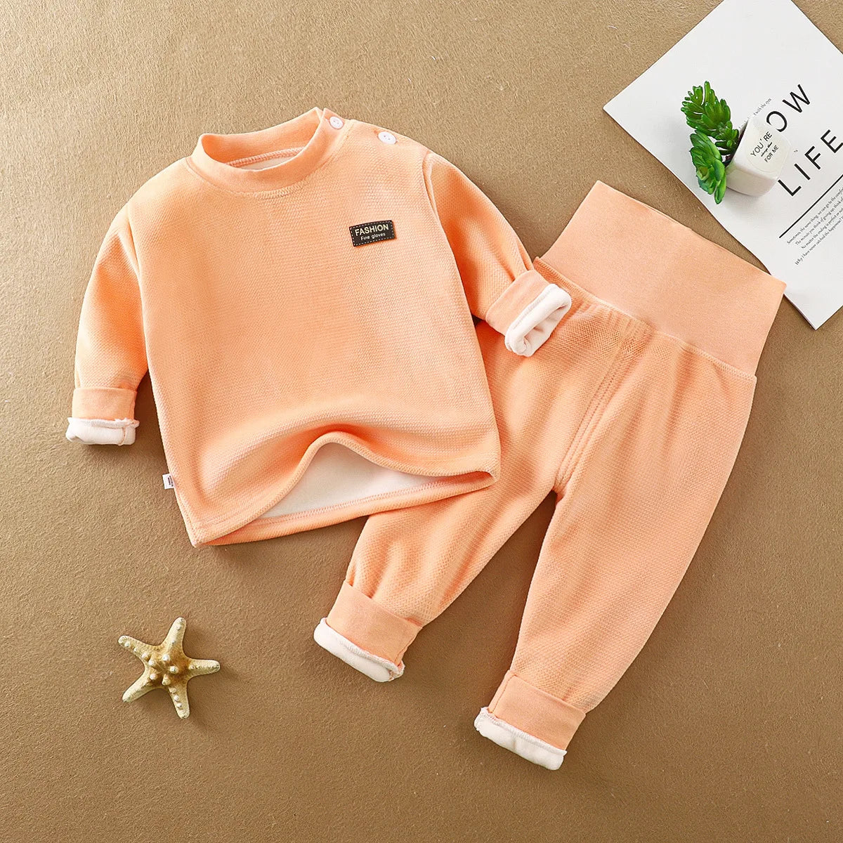 Unisex Kid's Fleece-Lined High Neck Top & Pants Set for Daily Wear