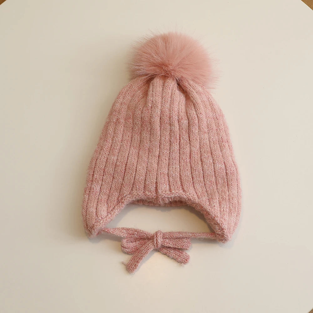 Warm Winter Hat for Girls | Cute Kids Bonnet with Pompom & Bows
