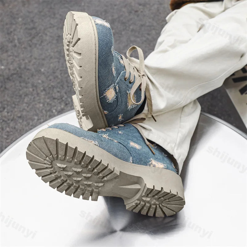 Comfortable Denim Low Top Boots with Thick Sole | Trendy Sneakers