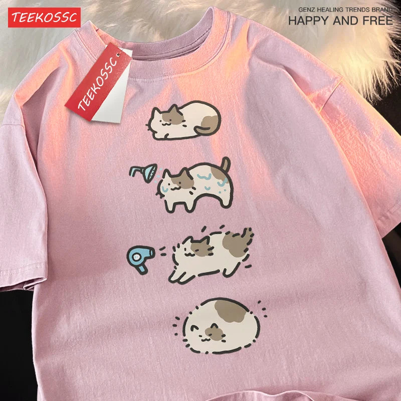 Cute Cartoon Cat Short Sleeve T-Shirt | Summer Casual Unisex Tee