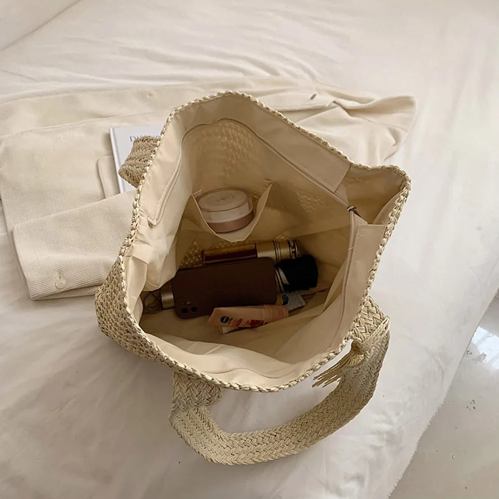 Stylish Hand-Woven Straw Beach Tote Bag for Women | Boho Chic