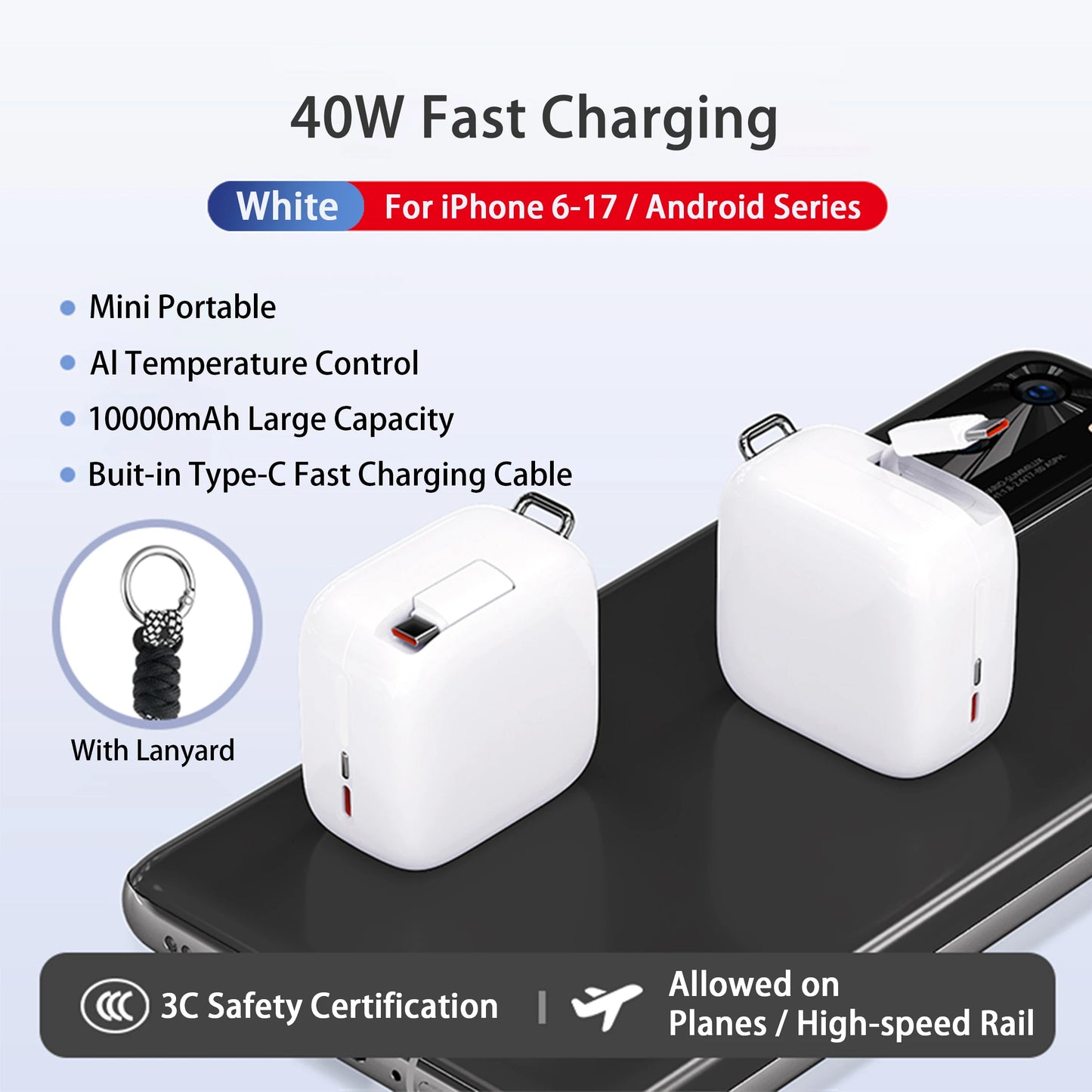 40W Fast Charging Portable 10000mAh Power Bank with Cable