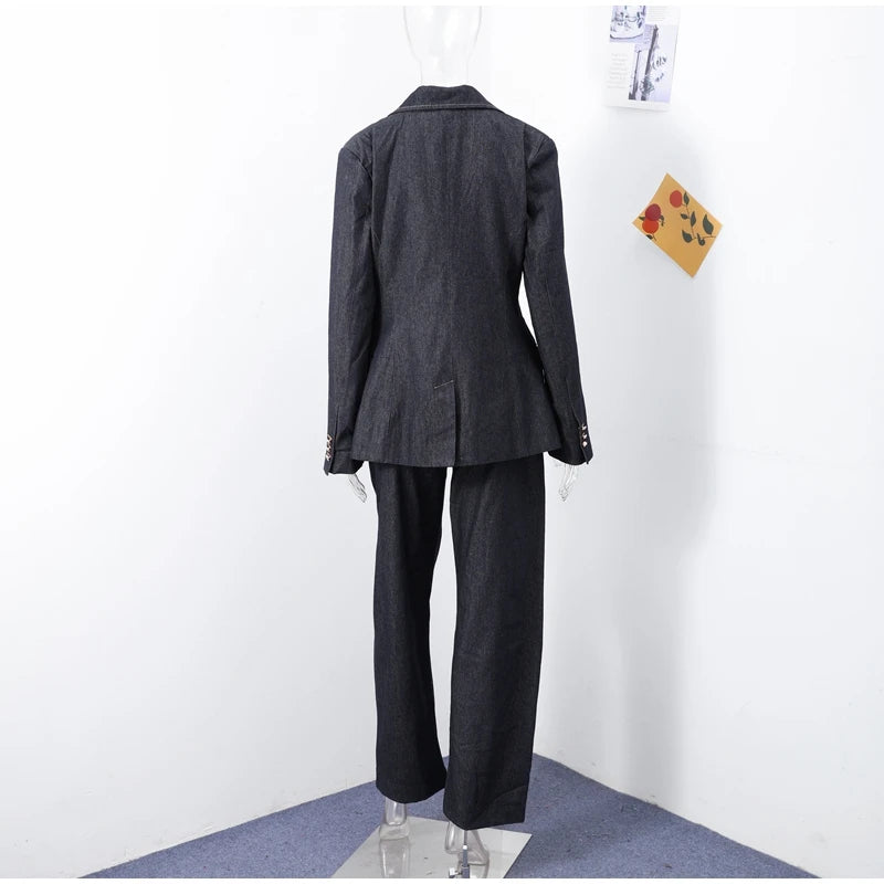 Women’s Retro Denim Vest Suit Jacket & High Waist Pants Set