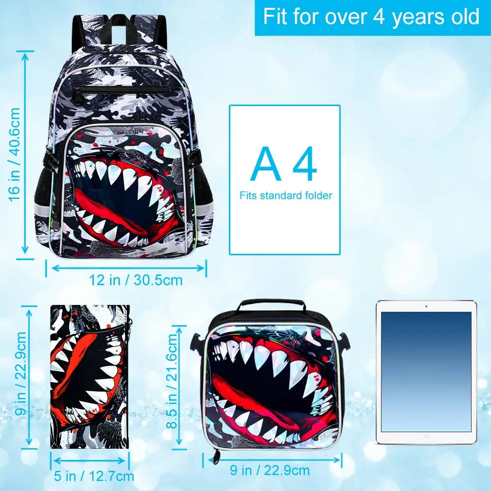 16" Shark Backpack Set for Boys | Cool School Bookbag & Lunch Box