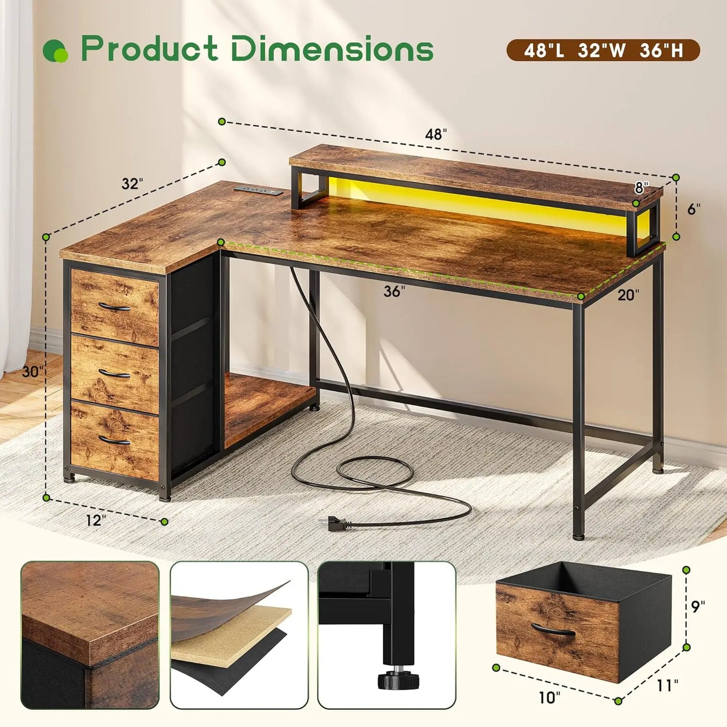 L Shaped Gaming Desk with Monitor Stand & 3 Drawers