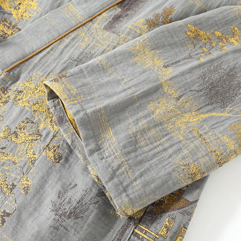 Roomwear Cotton Kimono Pajamas Men's Robes for Spring Jacquard Printed Home Clothing Medium Length Oversized Breathable Bathrobe