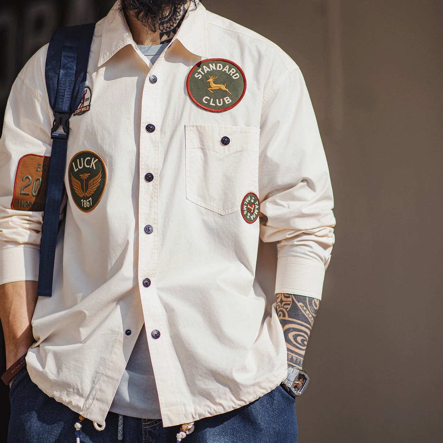 Men's Vintage Patch Embroidery Long Sleeved Shirt | Casual Style
