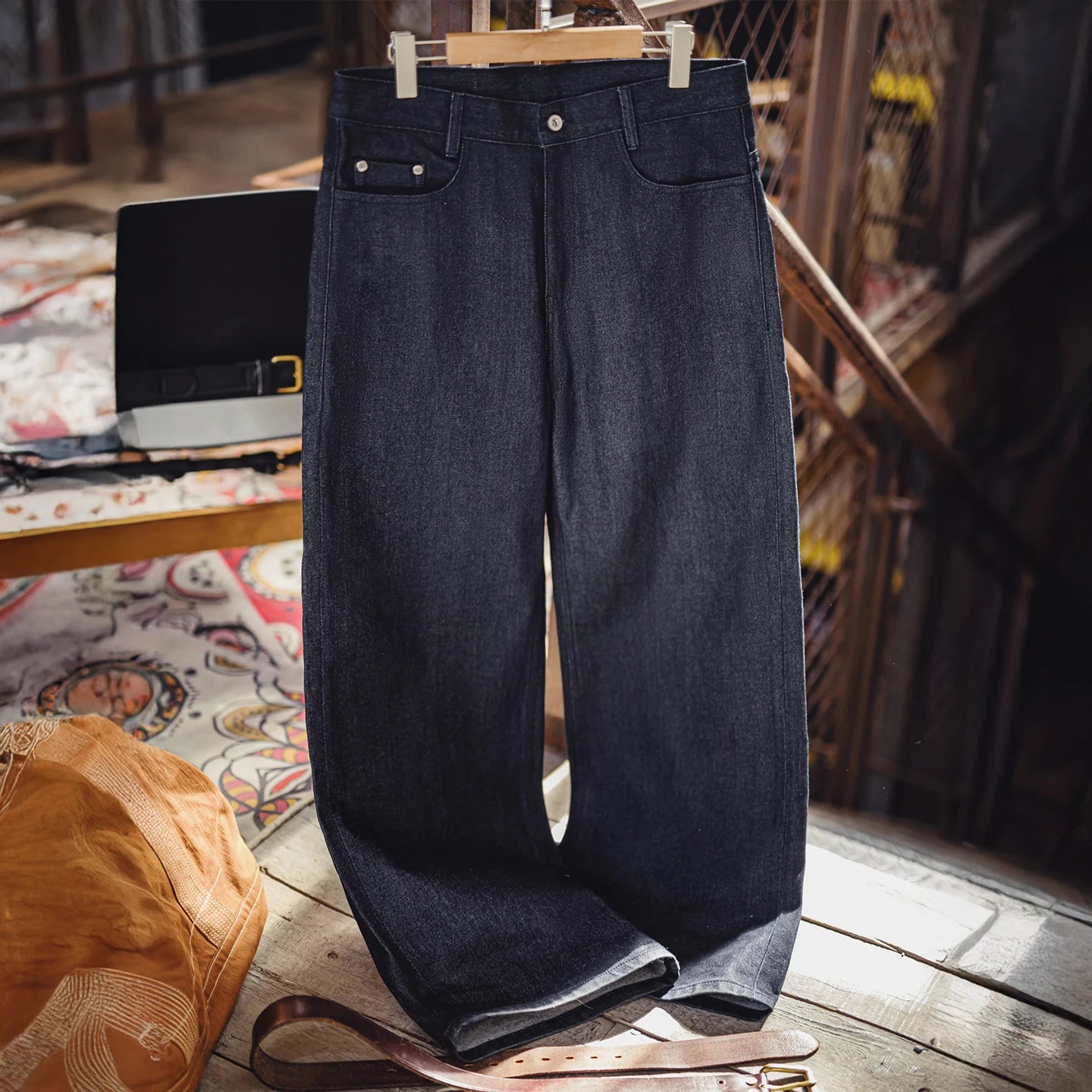 Vintage Loose Fit Raw Denim Wide-Leg Jeans for Men