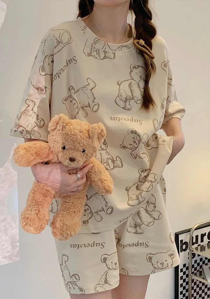 Plus Size Short Sleeve Pajamas for Women | Cute Cartoon Bear Design