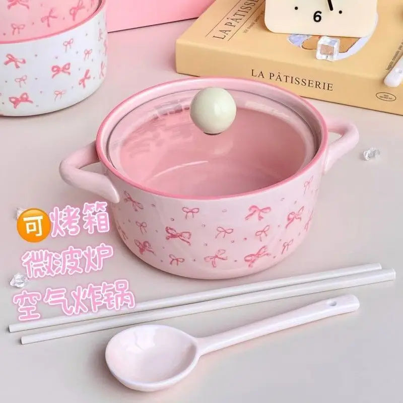 Bol de cerámica con tapa para fideos, diseño de lazo rosa | Adorable tazón para sopa