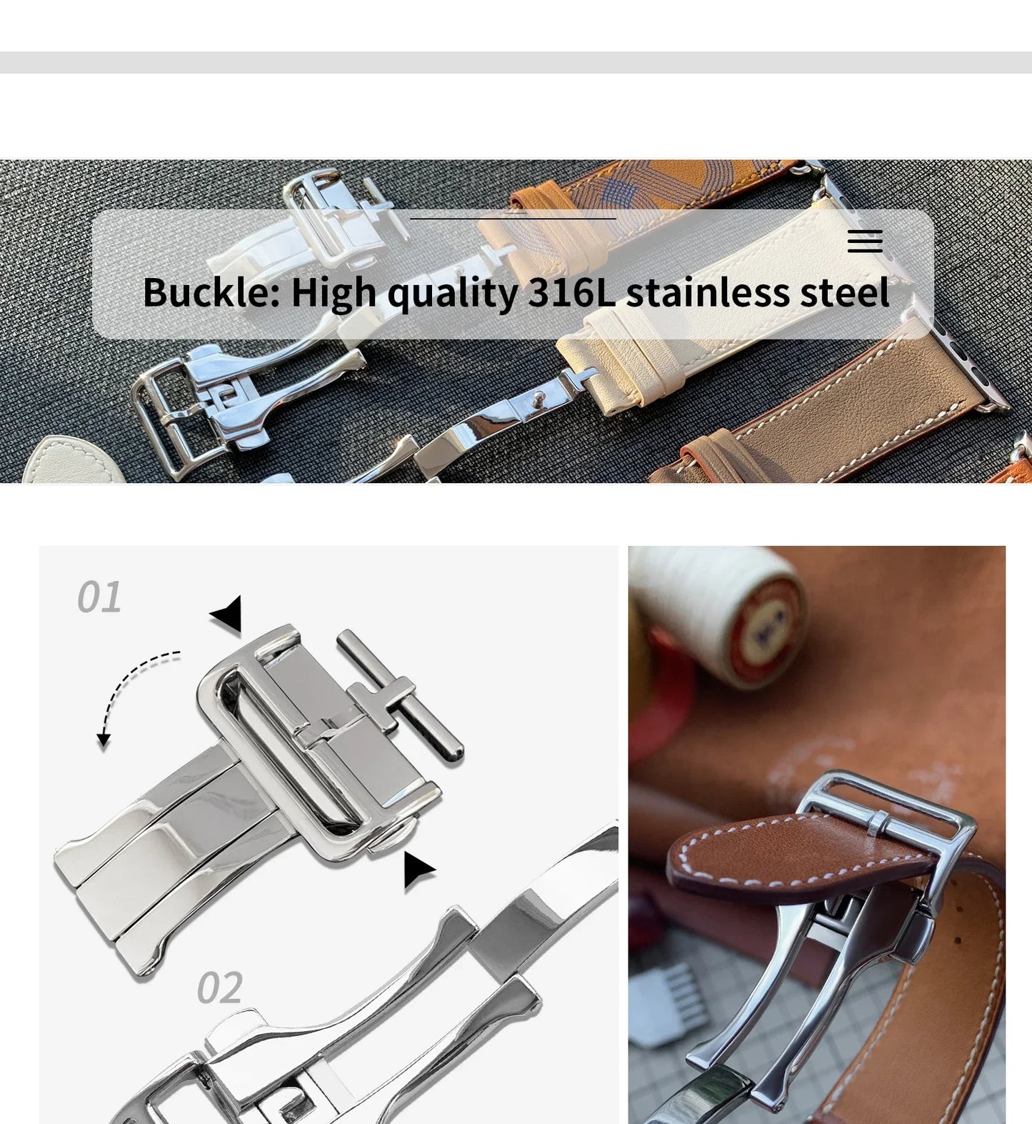 High Quality Genuine Leather Watch Band | Deployment Buckle Strap