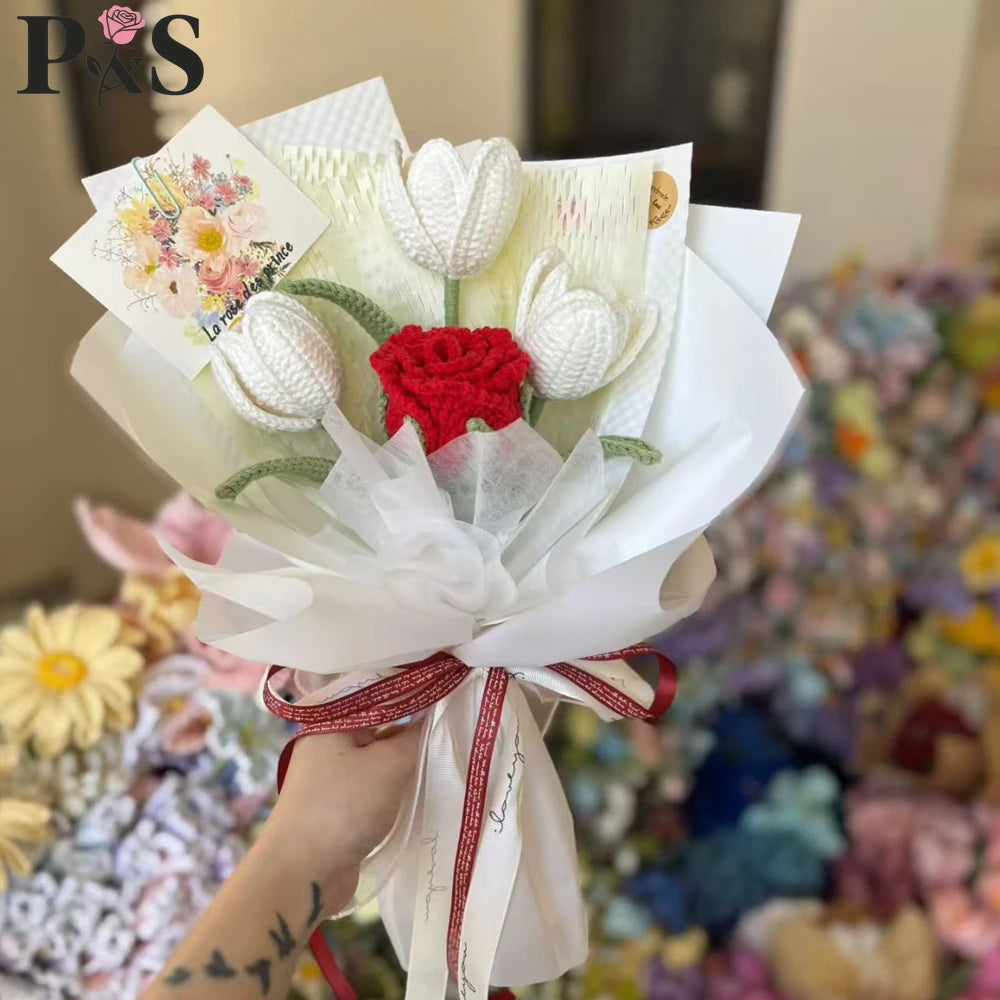 Ramo de flores de tulipanes morados de ganchillo de lujo hechos a mano para el hogar