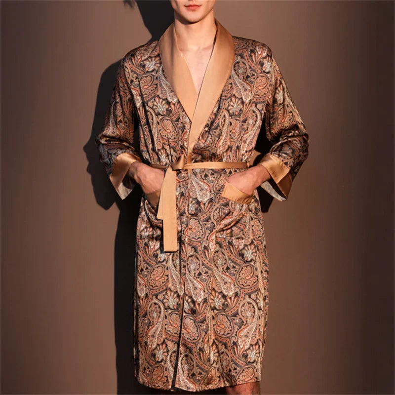 Spring Summer New Mens Robe Printed Bathrobe Kimono Gown Silky Satin Male Sleepwear Night Clothes Loose Casual Homewear Pajama