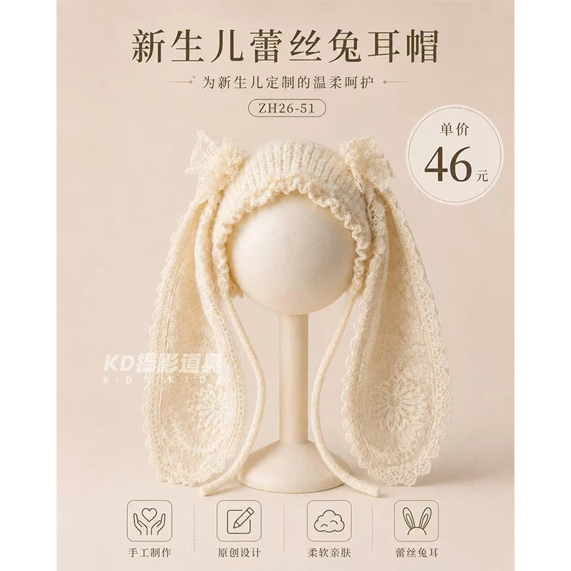 Newborn Photography Bunny Ear Hat Baby Crochet Rabbit Bonnet Soft Lace Knit Cap Infant Photo Props for Baby Boy Girl Photoshoot