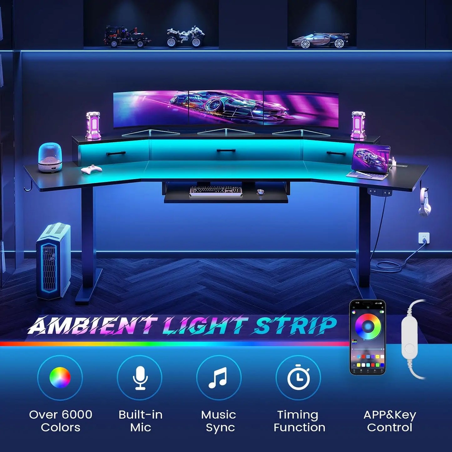 79'' Electric Standing Gaming Desk with LED Lights & Drawers
