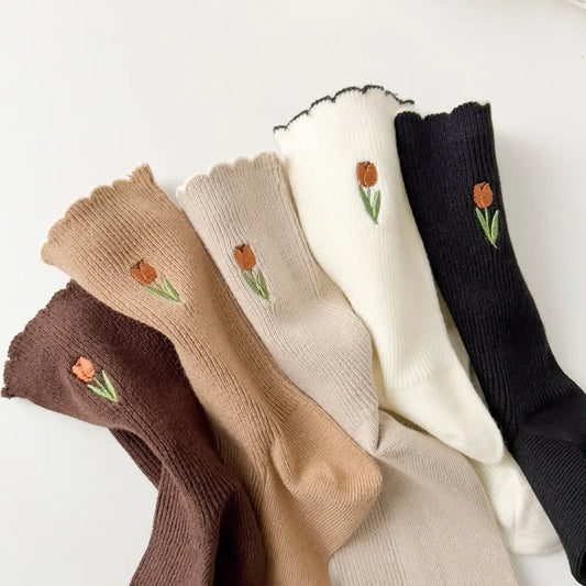 Women's Autumn Floral Embroidery Crew Socks | Cute Kawaii Style