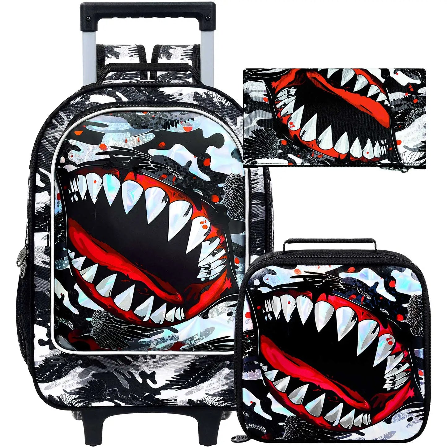 3PCS Shark Rolling Backpack for Boys | Kids Wheeled School Bag