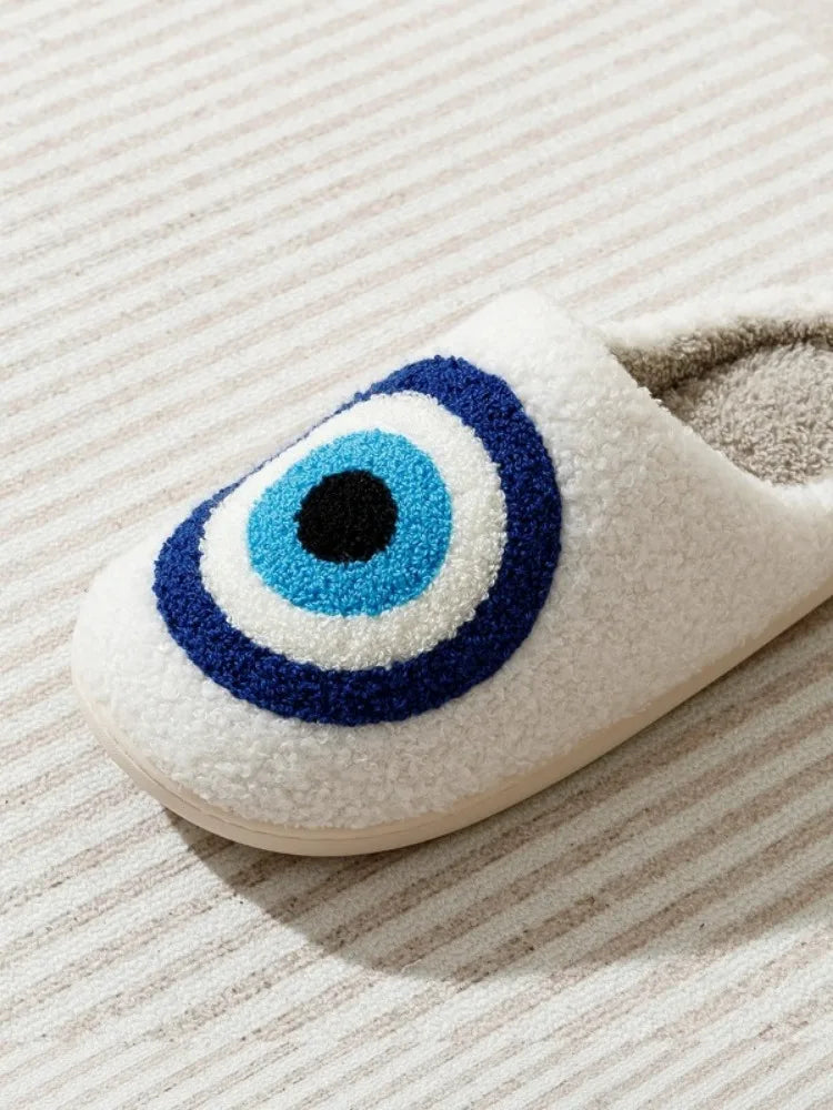 Women's Blue Evil Eye Plush Slippers | Cozy Indoor Nazar Shoes