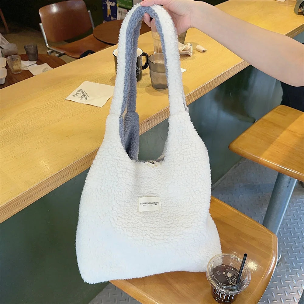 Reversible Plush Shoulder Bag for Women | Warm Fabric Tote