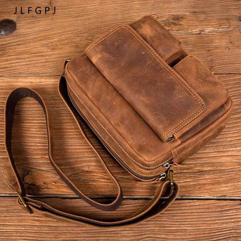 Handmade Crazy Horse Leather Crossbody Small Backpack for Men
