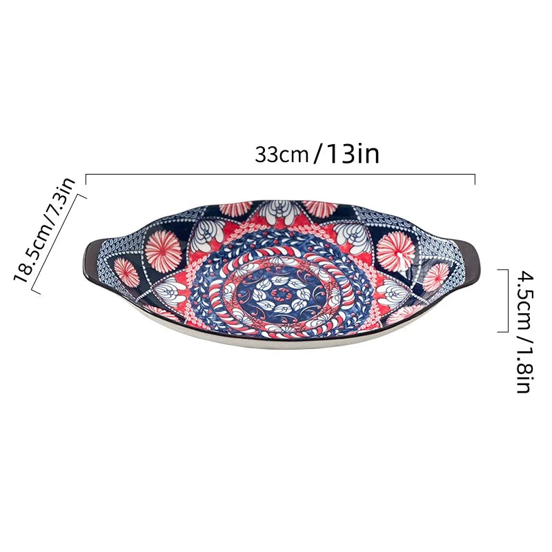13-Inch Bohemian Double-Handle Ceramic Deep Plate for Seafood
